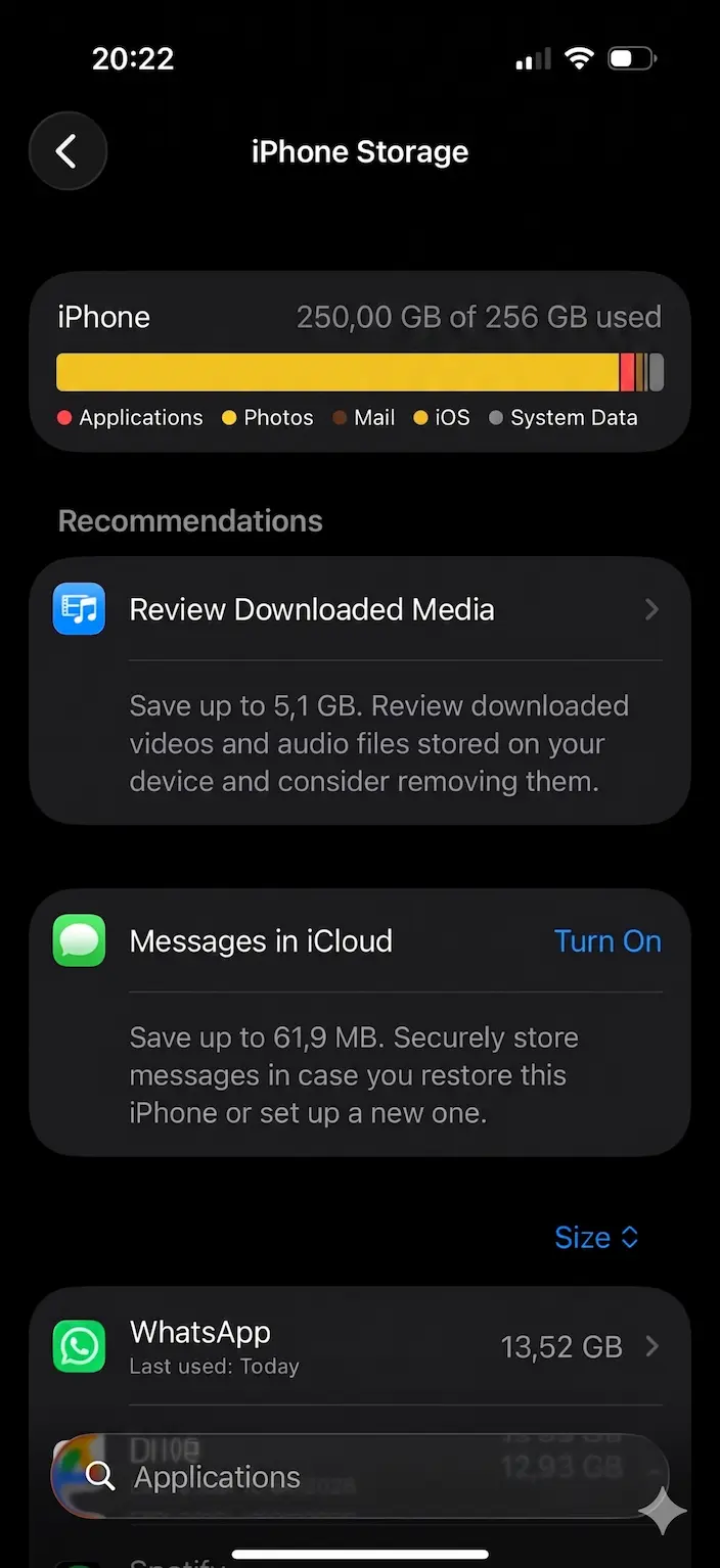 iPhone-lagringsskärm i Inställningar med uppdelning per app